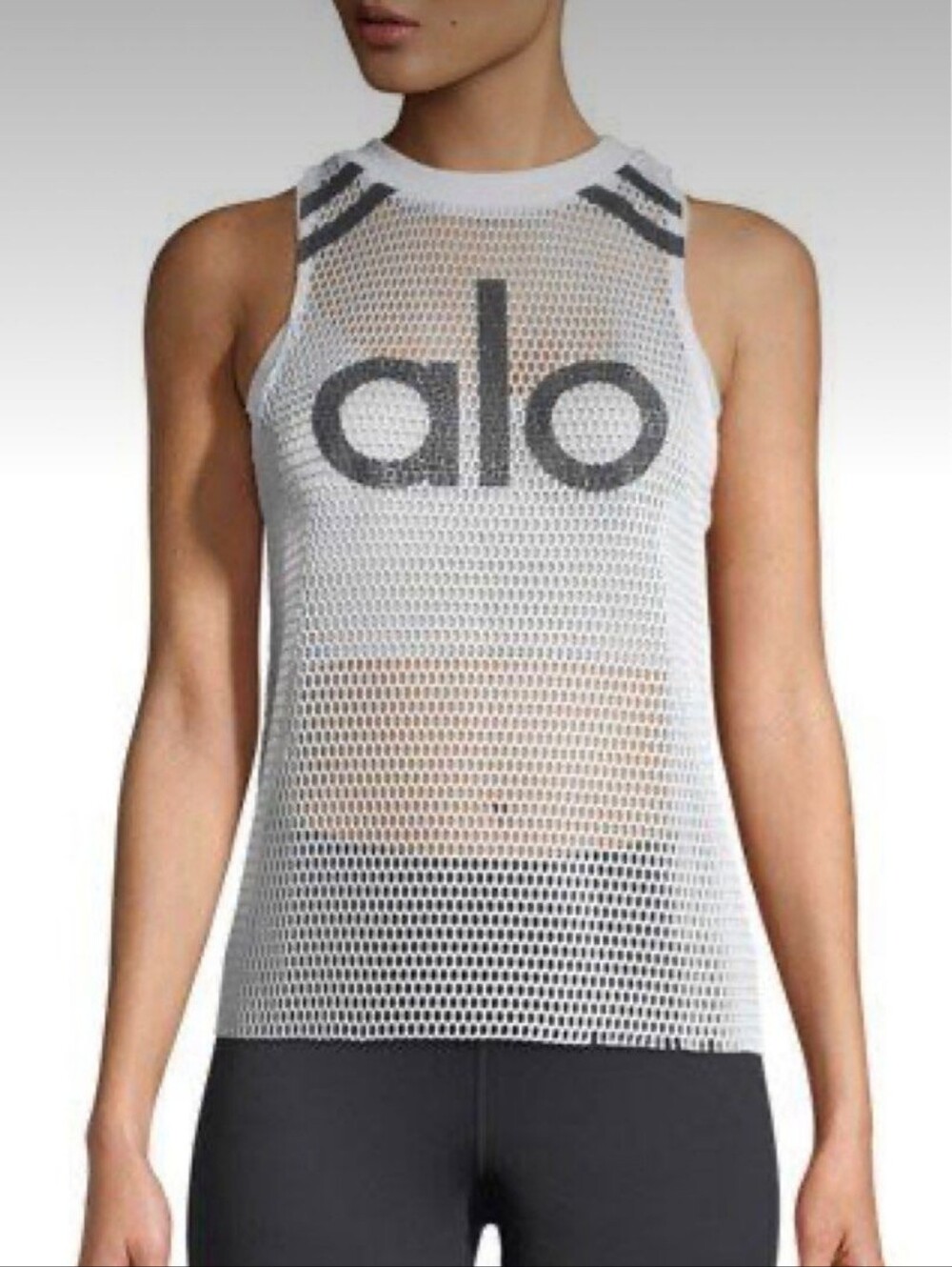 ALO Yoga White Mesh Logo Racerback Tank with Black Logo